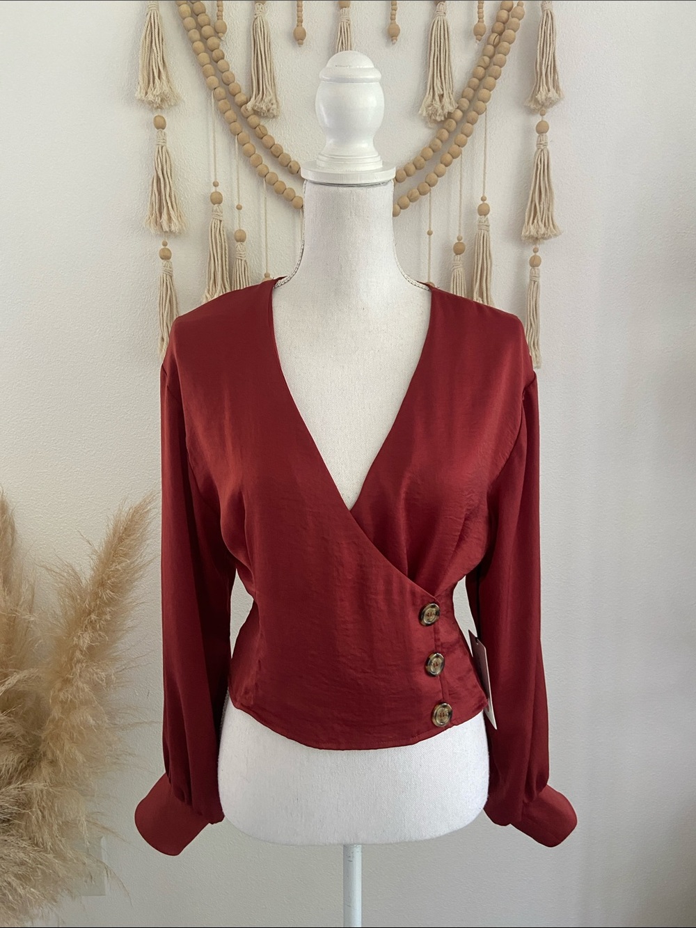 Cotton Candy LA boutique burgundy cropped satin wrap top long sleeve blouse M